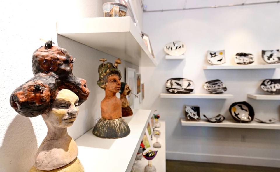 Ceramic work by artist and Chartreuse Muse co-owner Ellen Roehne at the downtown gallery in Modesto, Calif., Tuesday, March 26, 2024.