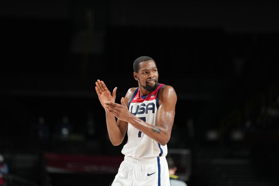 USA player Kevin Durant (7) reacts in the fourth quarter of the gold medal game during the Tokyo 2020 Olympic Summer Games at Saitama Super Arena.