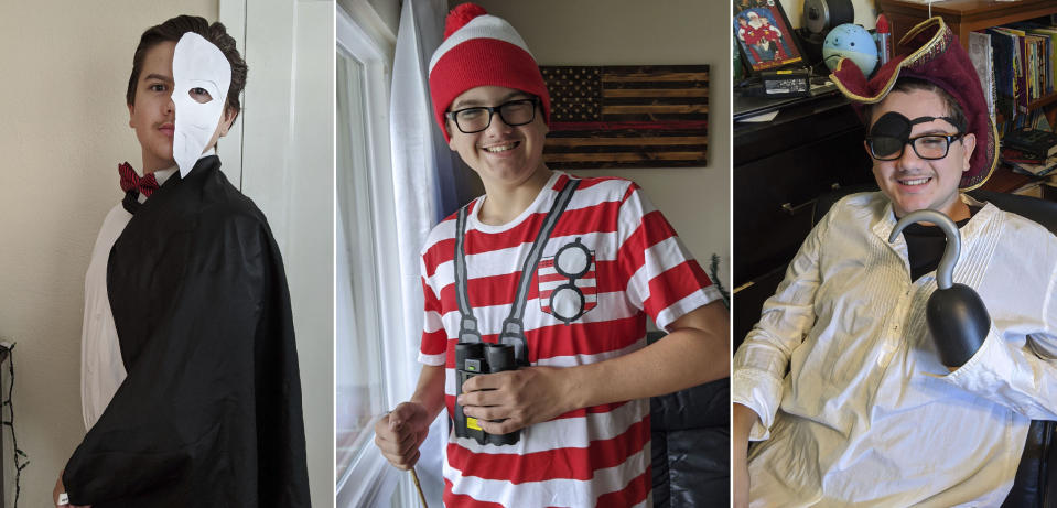 In this combination of photos provided by Meredith Christensen-Houghtelling, her son, Logan Houghtelling, dresses in a variety of costumes, from The Phantom of the Opera on Sept. 29, 2020, to Where's Waldo on Sept. 17 and a pirate on Oct. 13 in San Lorenzo, Calif. Houghtelling began dressing up to make his fellow classmates and teachers smile as they all started virtual learning. (Meredith Christensen-Houghtelling via AP)