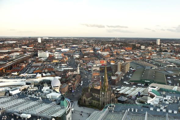 General view of the Bullring, St Martin's Church and Digbeth/Eastside in the background from top of The Rotunda in Birmingham.