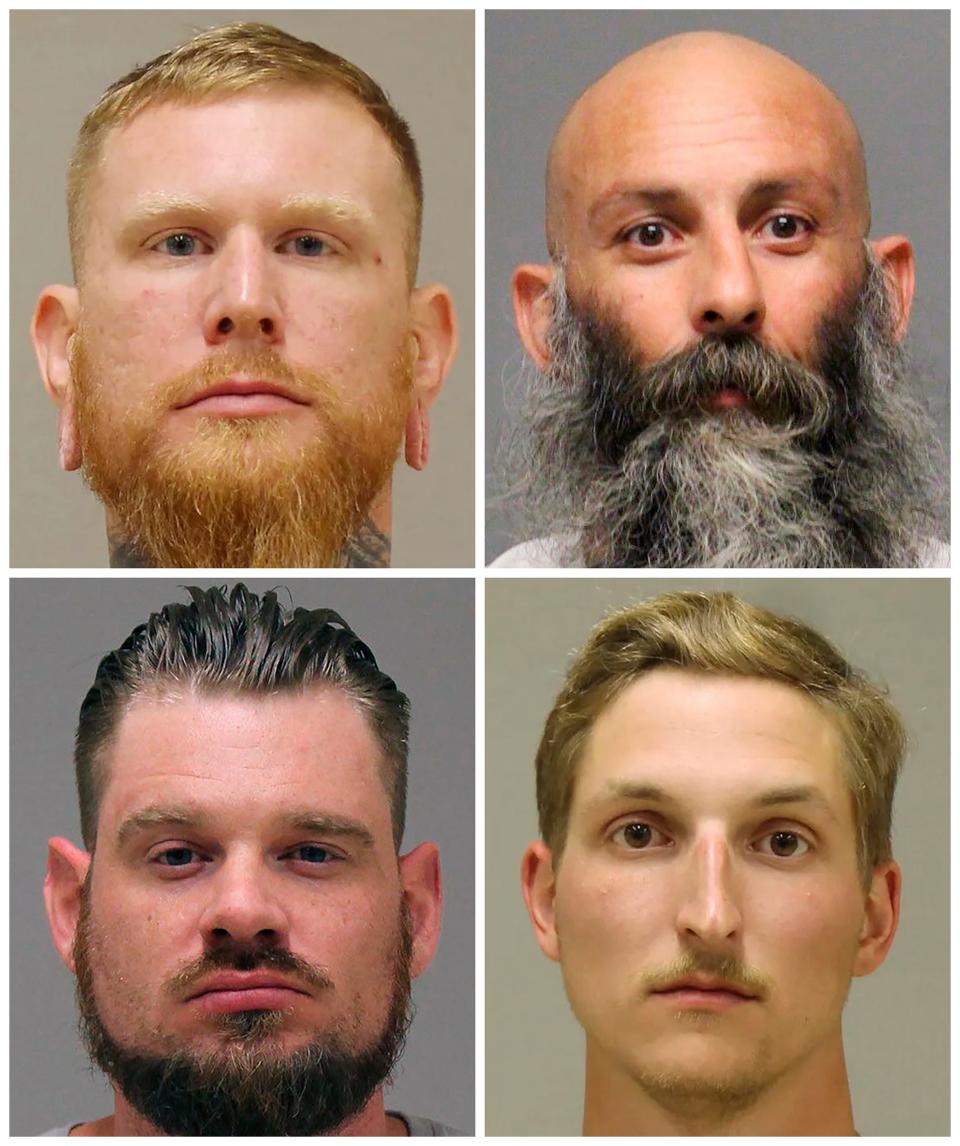 This combination of photos provided by the Kent County Sheriff and the Delaware Department of Justice shows, top row from left, Brandon Caserta and Barry Croft; and bottom row from left, Adam Dean Fox and Daniel Harris.