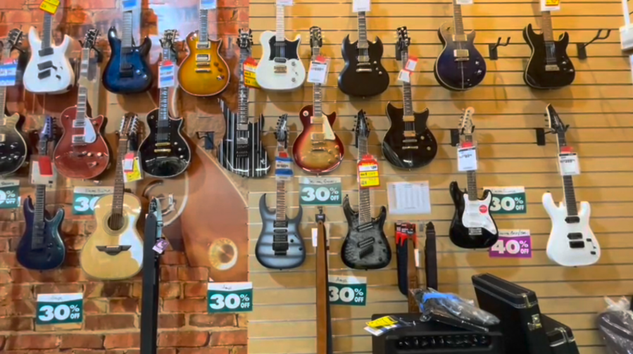 Guitars are being offered at discounted rates at Sam Ash Music after the company announced it is closing all 42 locations across the county, including seven in Southern California. The company made the announcement on May 3, 2024. (KTLA)