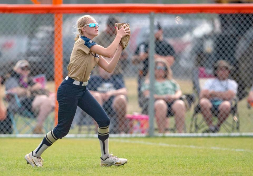 Bald Eagle Area’s Lex Bainey makes a catch for an out during the game against Muncy in the first round of the PIAA class 2A softball playoffs on Monday, June 5, 2023.