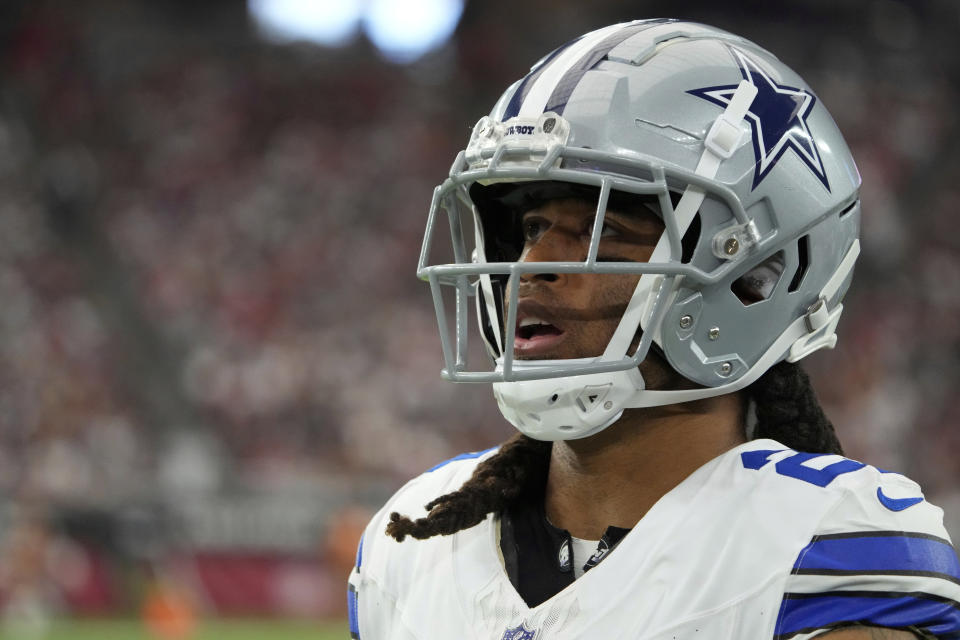 Dallas Cowboys cornerback Stephon Gilmore (21) lines up against the Arizona Cardinals during the first half of an NFL football game, Sunday, Sept. 24, 2023, in Glendale, Ariz. (AP Photo/Rick Scuteri)