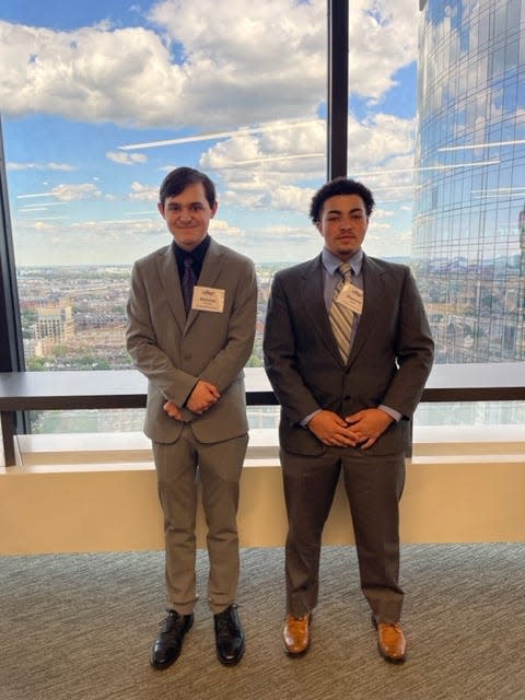 Barnstable High School students Nicholas Pouliot, left, and Dominic Ford won second and third place, respectively, in the Network for Teaching Entrepreneurship New England Youth Entrepreneurship Challenge in Boston on June 14, 2022. Pouliot will advance to NFTE’s National Youth Entrepreneurship Challenge in New York this fall, where he will compete against students from across the country