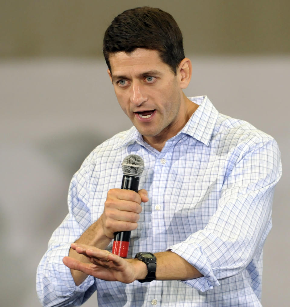 Republican vice presidential candidate, Rep. Paul Ryan, R-Wis., speaks at a campaign event at East Carolina University, Monday, Sept. 3, 2012, in Greenville, N.C. (AP Photo/Sara D. Davis)