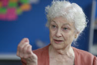 Anne Montgomery, mother of Democratic presidential candidate South Bend Mayor Pete Buttigieg, speaks during an interview in his campaign office in South Bend, Ind., Wednesday, Sept. 25, 2019. (AP Photo/Michael Conroy)