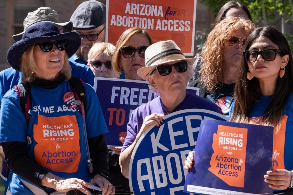 PHOTO: Abortion rights activists attend a news conference addressing the Arizona Supreme Court's ruling to uphold a 160-year-old near-total abortion ban at the Arizona state Capitol in Phoenix, April 9, 2024. (Joel Angel Juarez/The Republic/USA Today Network )