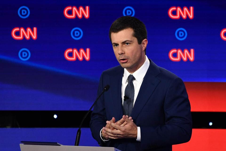 Democratic presidential hopeful Mayor of South Bend, Indiana, Pete Buttigieg delivers his closing statement during the first round of the second Democratic primary debate of the 2020 presidential campaign season hosted by CNN at the Fox Theatre in Detroit, Michigan on July 30, 2019. (Photo by Brendan Smialowski / AFP)BRENDAN SMIALOWSKI/AFP/Getty Images ORG XMIT: Second ro ORIG FILE ID: AFP_1J802M