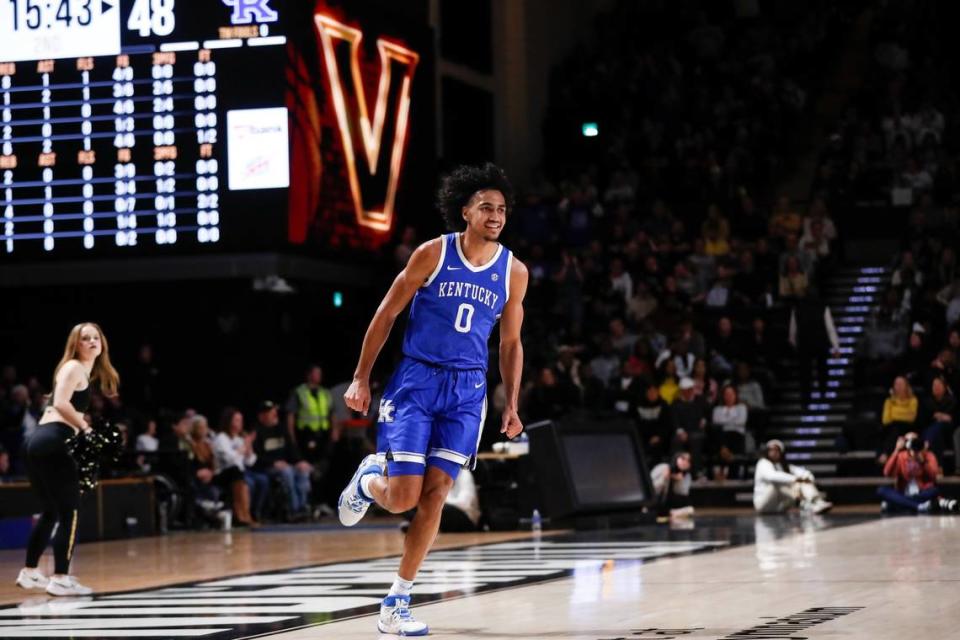 Jacob Toppin celebrates during Kentucky’s game against Vanderbilt on Tuesday, Jan. 24, 2023, in Nashville.