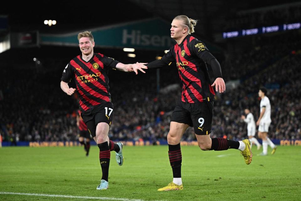 Erling Haaland celebrates scoring Manchester City’s second goal (AFP via Getty Images)