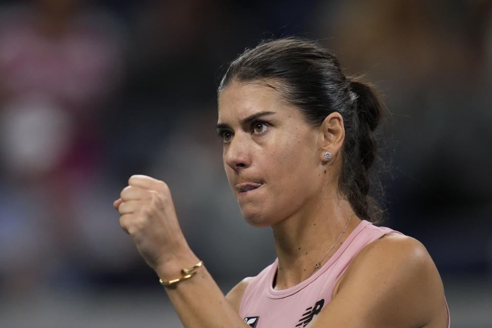 Sorana Cirstea, of Romania, reacts after winning a point against against Elena Rybakina, of Kazakhstan, during the third round of the U.S. Open tennis championships, Friday, Sept. 1, 2023, in New York. (AP Photo/Charles Krupa)