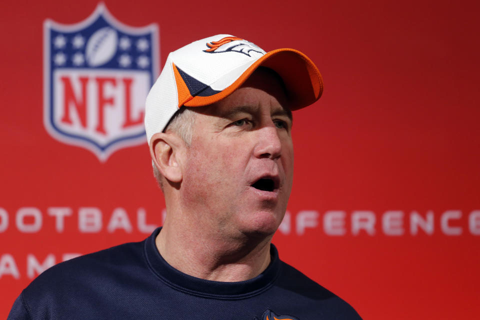 Denver Broncos head coach John Fox speaks during a news conference at the NFL Denver Broncos football training facility in Englewood, Colo., on Wednesday, Jan. 15, 2014. The Broncos are scheduled to play the New England Patriots on Sunday for the AFC Championship. (AP Photo/Ed Andrieski)