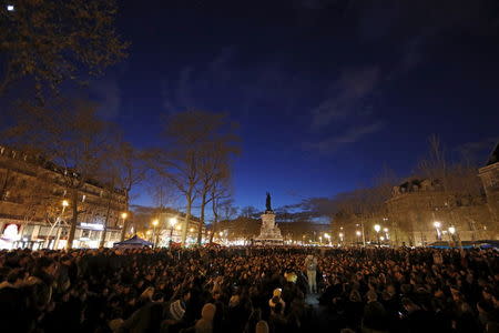 Supporters of social media-driven movement "Nuit Debout" (Up All Night), gather on the Place de la Republique in Paris, France, against a French labour law proposal, April 11, 2016. REUTERS/Benoit Tessier