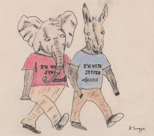 Elephant and donkey holding hands, each wearing "I'm with stupid" t-shirts / Kelly Savage