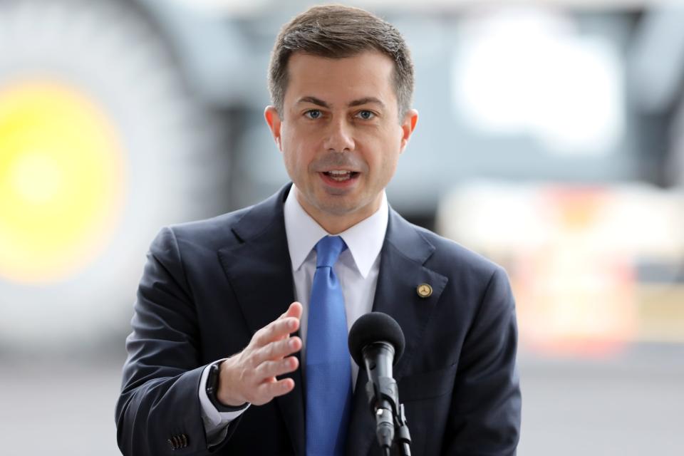 US Secretary of Transportation Transportation, Pete Buttigieg, speaks during the ground breaking ceremony of the the Portal Bridge, in Kearny.  Monday, August 1, 2022