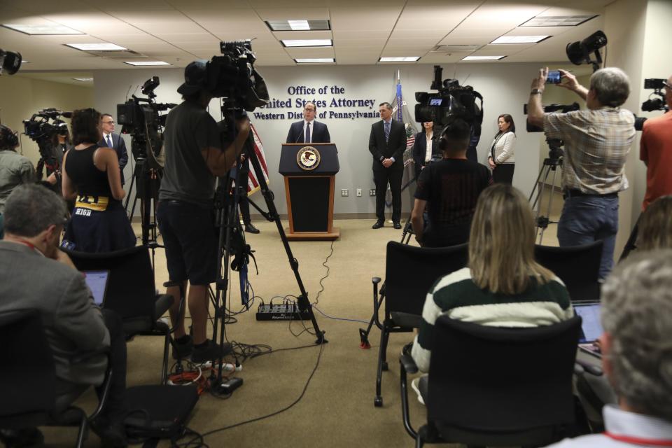US Attorney Eric Olshan speaks the media following the sentencing of Robert Bowers outside the Joseph F. Weis Jr. United States Courthouse in Pittsburgh, Wednesday, Aug 2, 2023. Bowers was sentenced to death for killing 11 people at the Tree of Life synagogue in Pittsburgh in 2018. (AP Photo/Rebecca Droke)