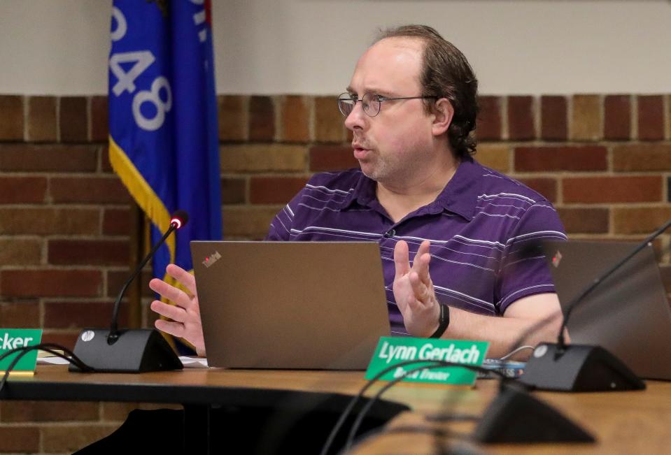 Trustee Andrew Becker talks during a Green Bay School Board meeting on Monday, April 15, 2024, at 200 S Broadway St in Green Bay, Wis. The board interviewed six candidates for an open seat on the board after former trustee Laura Laitinen-WarrenÕs resignation in February.
Tork Mason/USA TODAY NETWORK-Wisconsin