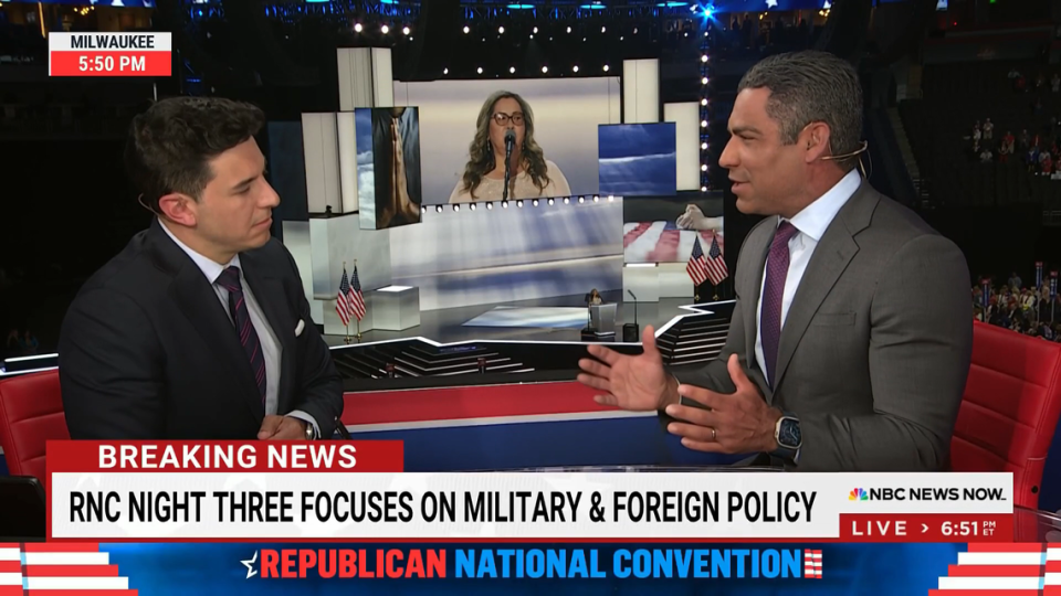 Miami Mayor Francis Suarez, right, speaks to NBC News’ Tom Llamas at the 2024 Republican National Convention. During the interview, Suarez said he would “for sure” consider running for Florida governor.