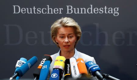 German Defence Minister Ursula von der Leyen gives a statement to the media prior she faces the defence commission of the lower house of parliament Bundestag in Berlin, Germany May 10, 2017. REUTERS/Fabrizio Bensch