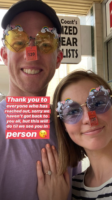 A photo of Gogglebox star Adam Densten and his new fiancée Rachel Falconer showing off her engagement ring.