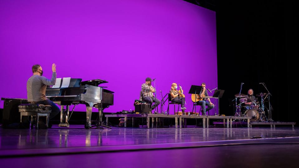 Michael Londra and the Celtic Fire band rehearse at the Lied Center on March 16, 2021. It was the first time in a year that the band was able to perform live together.