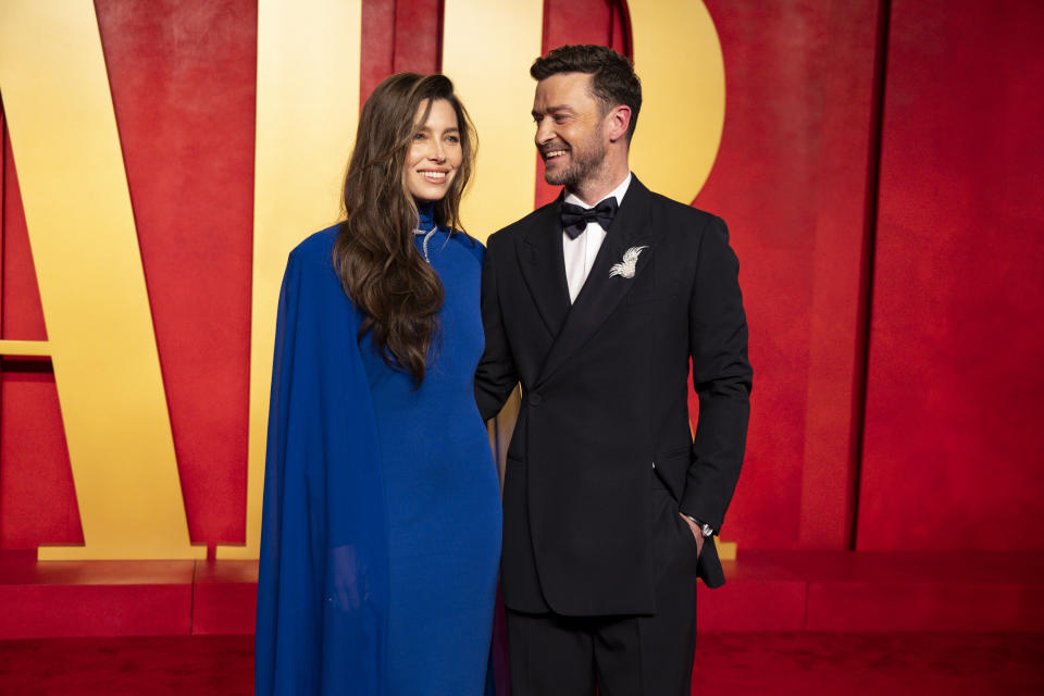 Jessica Biel and Justin Timberlake at the 2024 Vanity Fair Oscar Party held at the Wallis Annenberg Center for the Performing Arts on March 10, 2024 in Beverly Hills, California. (Photo by Christopher Polk/Variety via Getty Images)