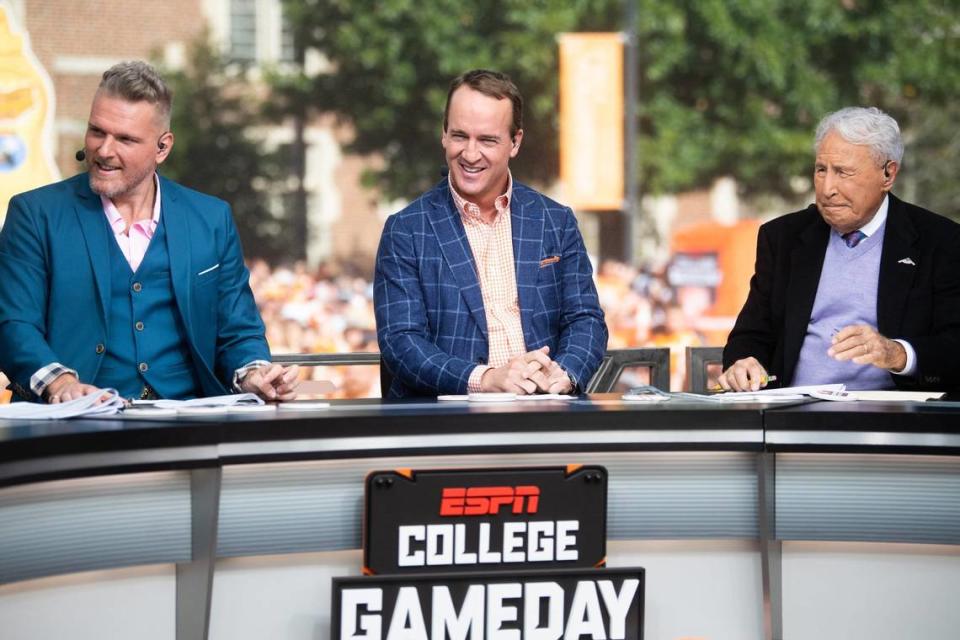 Peyton Manning takes part in ESPN’s “College GameDay” show held outside of Ayres Hall on the University of Tennessee campus in Knoxville on Oct. 15, 2022.