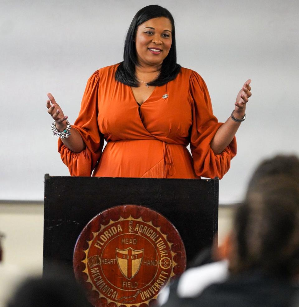Florida A&M University Vice President and Director of Athletics Tiffani-Dawn Sykes speaks at her first-day meeting on campus in Tallahassee, Florida on Wed., Jan. 4, 2023.