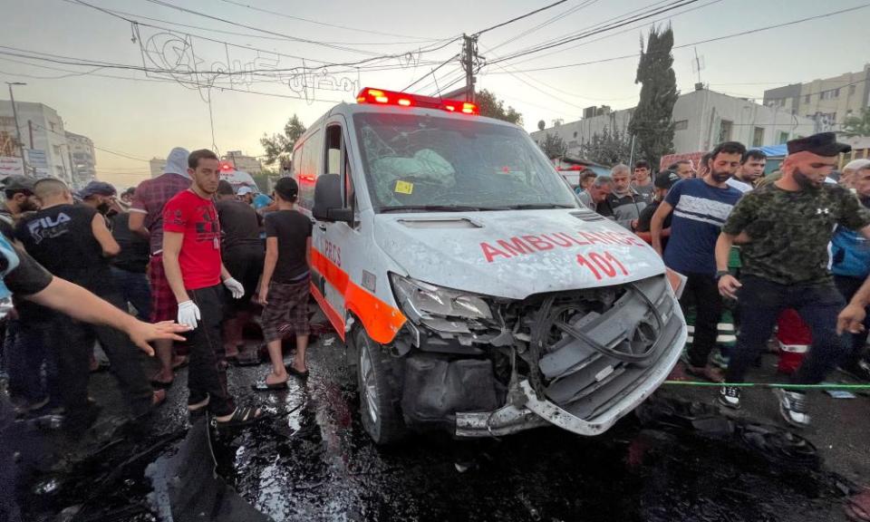 Damaged ambulance at the entrance of Shifa hospital in Gaza City. 