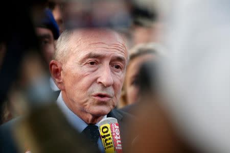 French Interior Minister Gerard Collomb speaks to the media outside the Saint-Charles train station after French soldiers shot and killed a man who stabbed two women to death at the main train station in Marseille, France, October 1, 2017. REUTERS/Jean-Paul Pelissier/Files