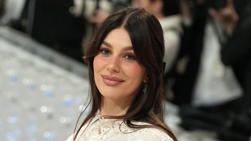 Camila Morrone in a black and white lace dress at the Met Gala 