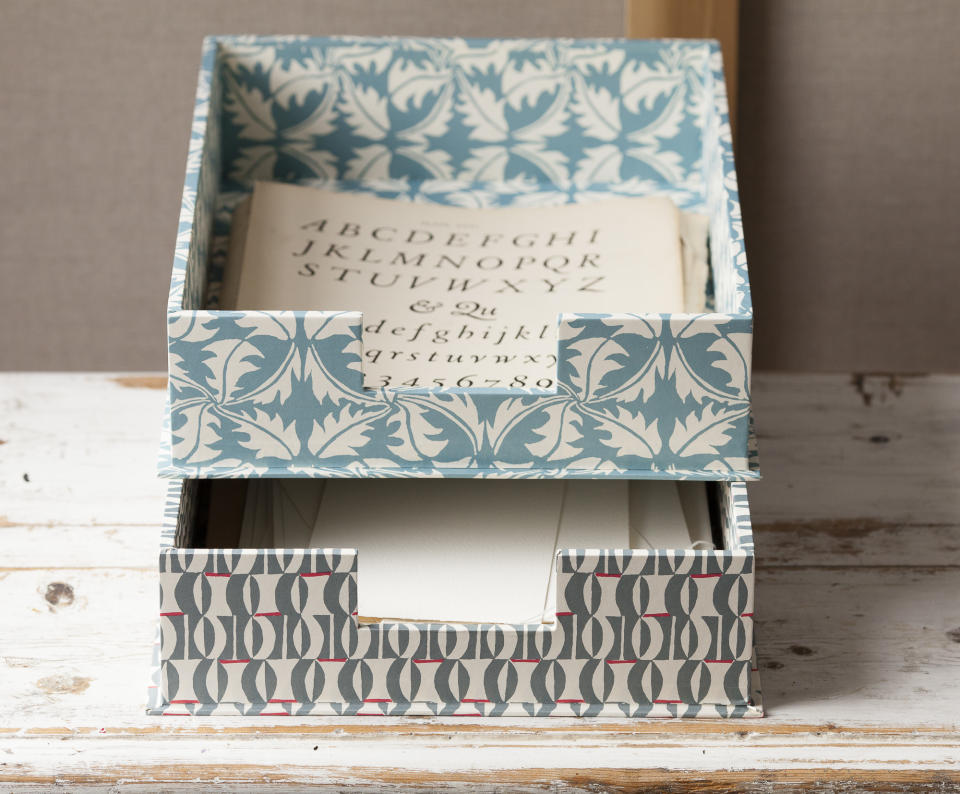Swap plastic letter trays for patterned paper