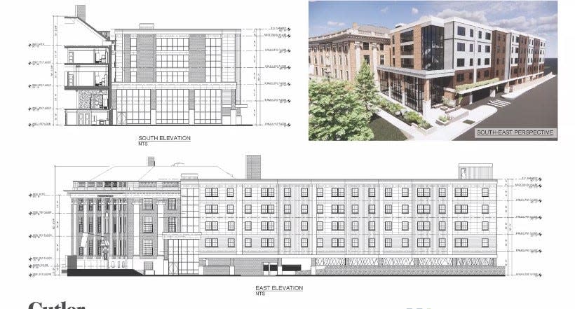 The rendering of the plans to redevelop the former Boys Club at Lincoln Square into senior apartments and to construct a new addition over an abandoned section of Prescott Street.