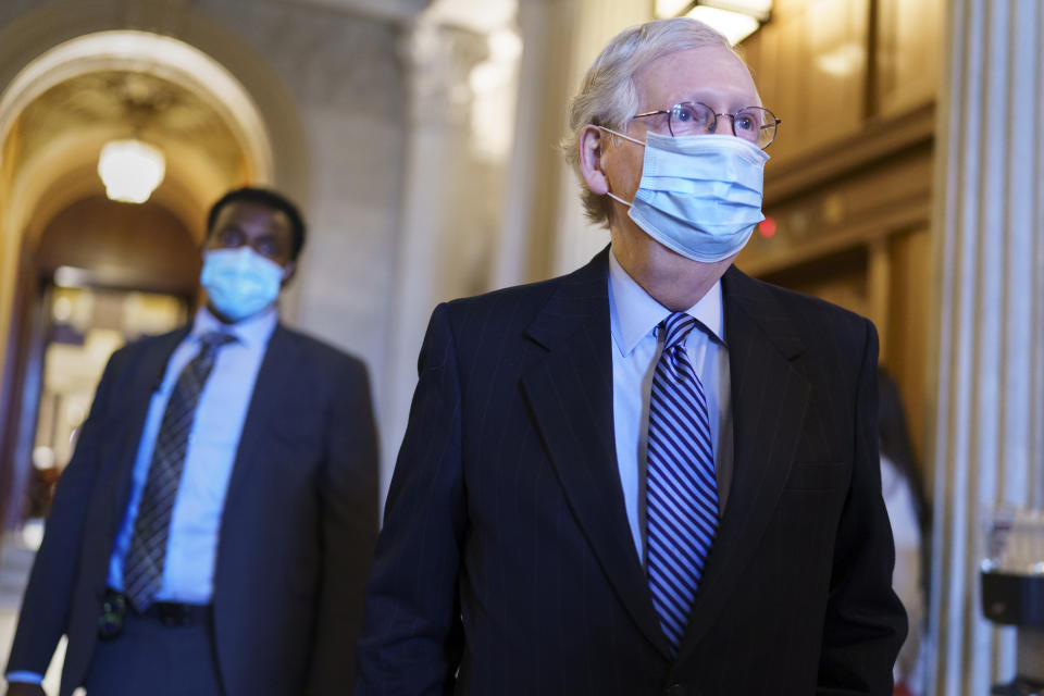 Senate Minority Leader Mitch McConnell, R-Ky., leaves the chamber after criticizing Democrats for wanting to change the filibuster rule, at the Capitol in Washington, Tuesday, March 16, 2021. (AP Photo/J. Scott Applewhite)