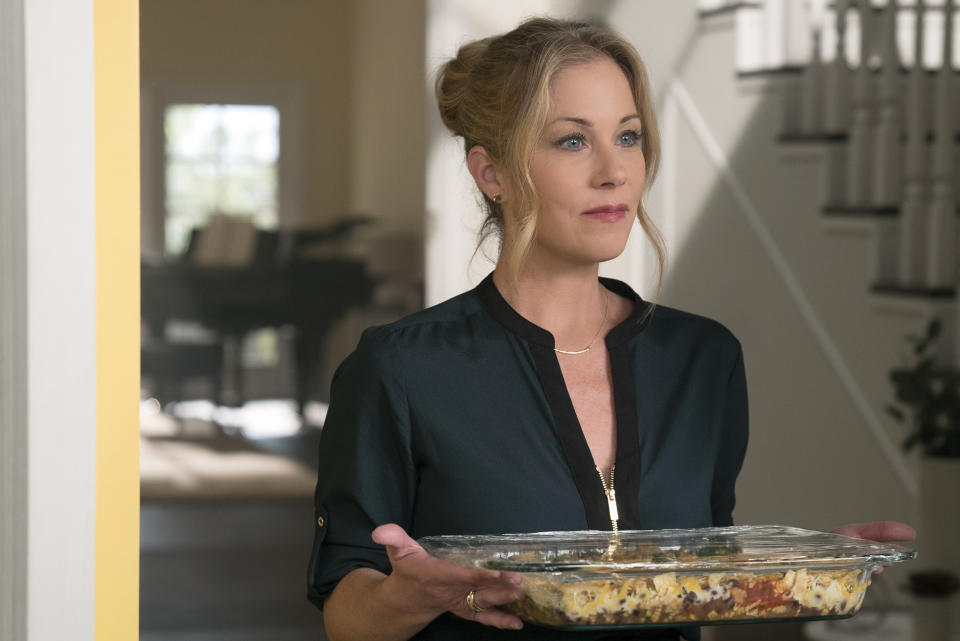 This image released by Netflix shows Christina Applegate in a scene from "Dead To Me." Applegate was nominated for an Emmy Award for outstanding lead actress in a comedy series on Tuesday, July 28, 2020. (Saeed Adyani/Netflix via AP)