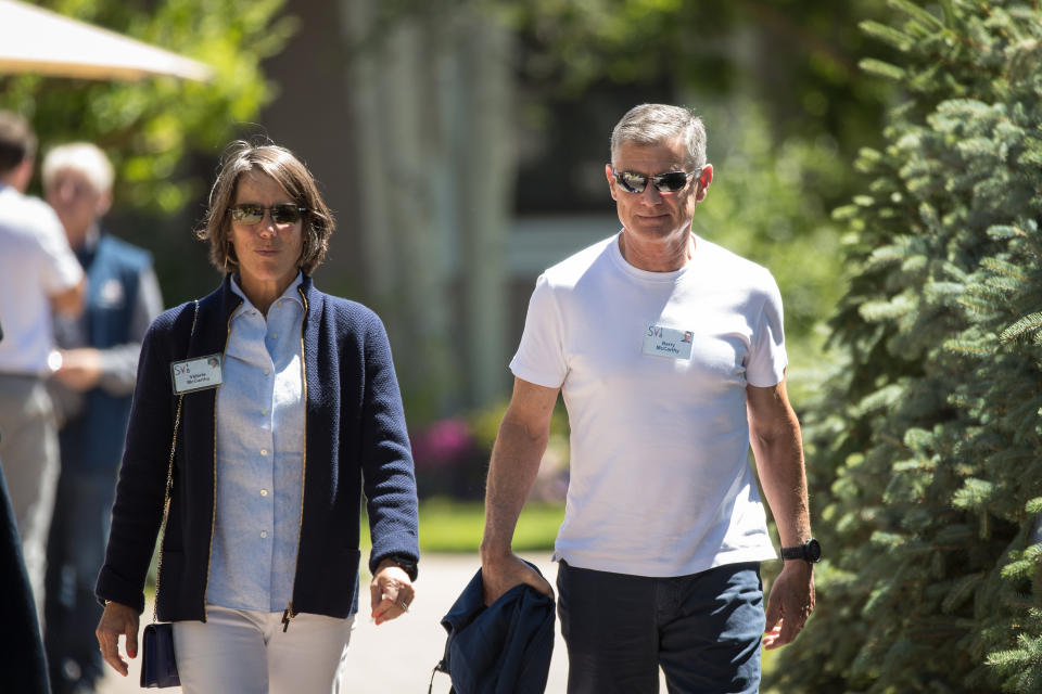 SUN VALLEY, ID - JULY 11: (L-R) Valerie McCarthy and Barry McCarthy, chief financial officer at Spotify, attend annual Allen & Company Sun Valley Conference, July 11, 2018 in Sun Valley, Idaho. Every July, some of the world's most wealthy and powerful businesspeople from the media, finance, technology and political spheres converge at the Sun Valley Resort for the exclusive week-long conference. (Photo by Drew Angerer/Getty Images)