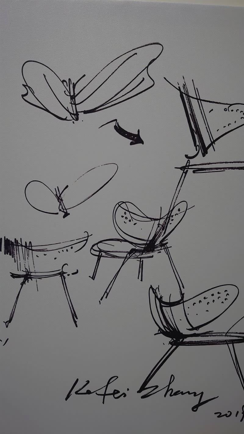  台灣的「莊子順物自然」藝術家具，讓世界家具界驚艷，此為蝴蝶椅設計手稿。（圖／記者鍾志鵬攝影）