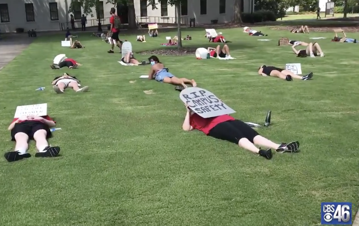 Students and faculty members at the University of Georgia staged an August 6 “die-in” protest in response to the school’s fall plans. (Screenshot: CBS46)