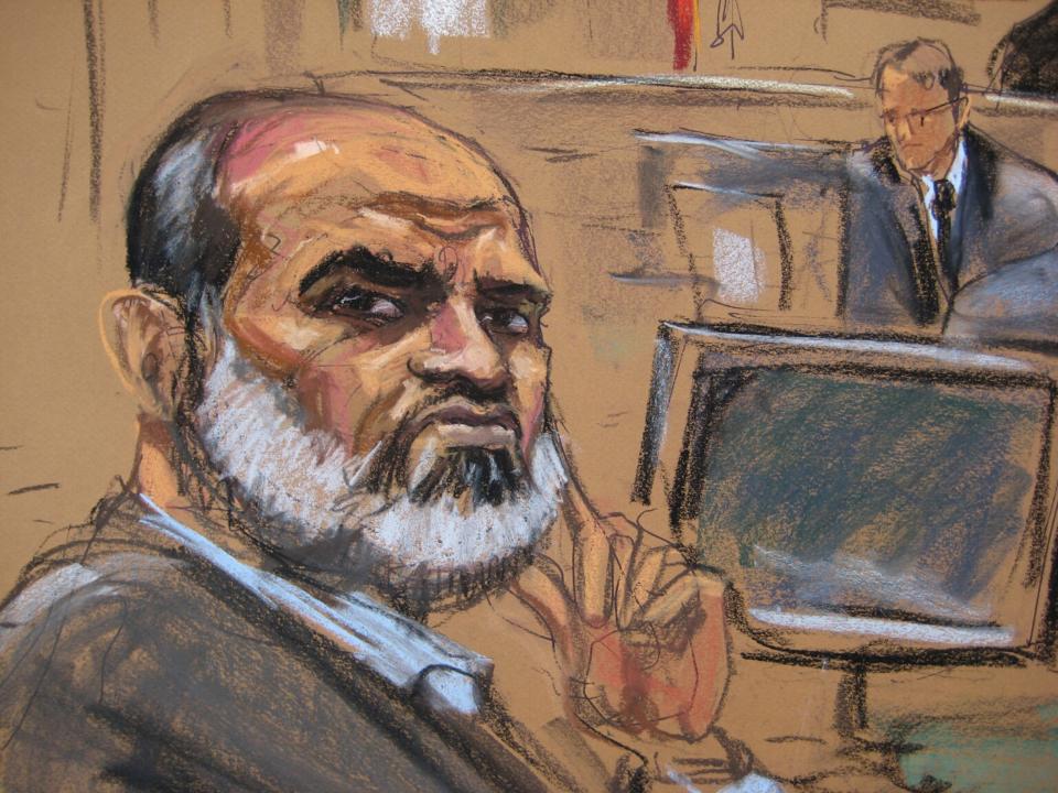 Suleiman Abu Ghaith listens during his trial on terrorism charges in federal court in New York in this March 24, 2014 court sketch. Prosecutors contend that Abu Ghaith, as a spokesman for Osama bin Laden, conspired to kill Americans, while Abu Ghaith has denied being a member of al Qaeda. REUTERS/Jane Rosenberg (UNITED STATES - Tags: CRIME LAW) NO SALES. NO ARCHIVES. FOR EDITORIAL USE ONLY. NOT FOR SALE FOR MARKETING OR ADVERTISING CAMPAIGNS