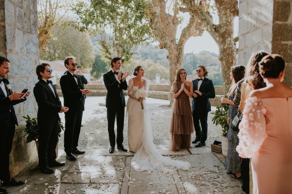 The Bride Wore Feathers for Her Civil Ceremony in London, and a Dress Embroidered With Peonies to Her Micro-Wedding in Portugal