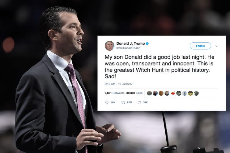 Donald Trump Jr. (Yahoo News photo illustration; photos: Mark J. Terrill/AP, Donald J. Trump via Twitter)