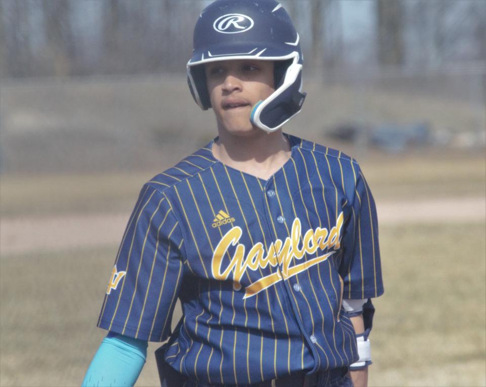Torino Lamerato looks to the bench during a baseball matchup between Gaylord and Rudyard on Tuesday, April 11.