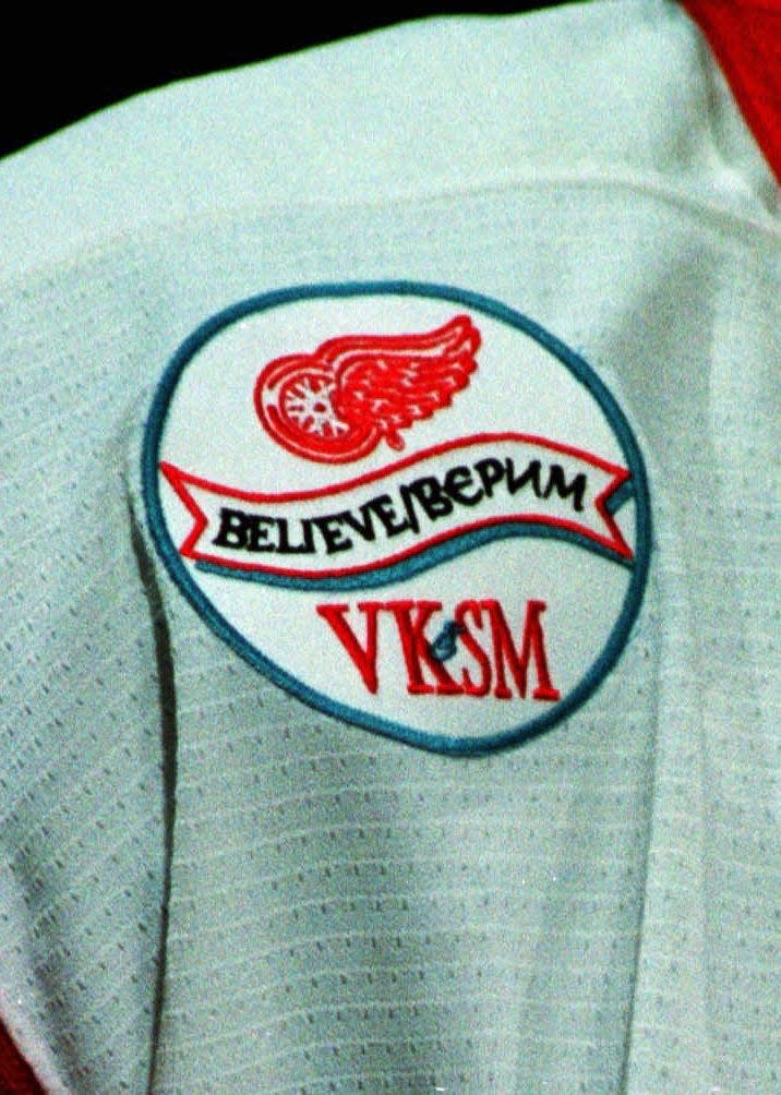 This is a closeup view of the Red Wings logo added to all Red Wings jerseys in honor of injured defenseman Vladimir Konstantinov and team massuer Sergie Mnatsakanov who were injured in a limousine accident after the 1997 Stanley Cup win.