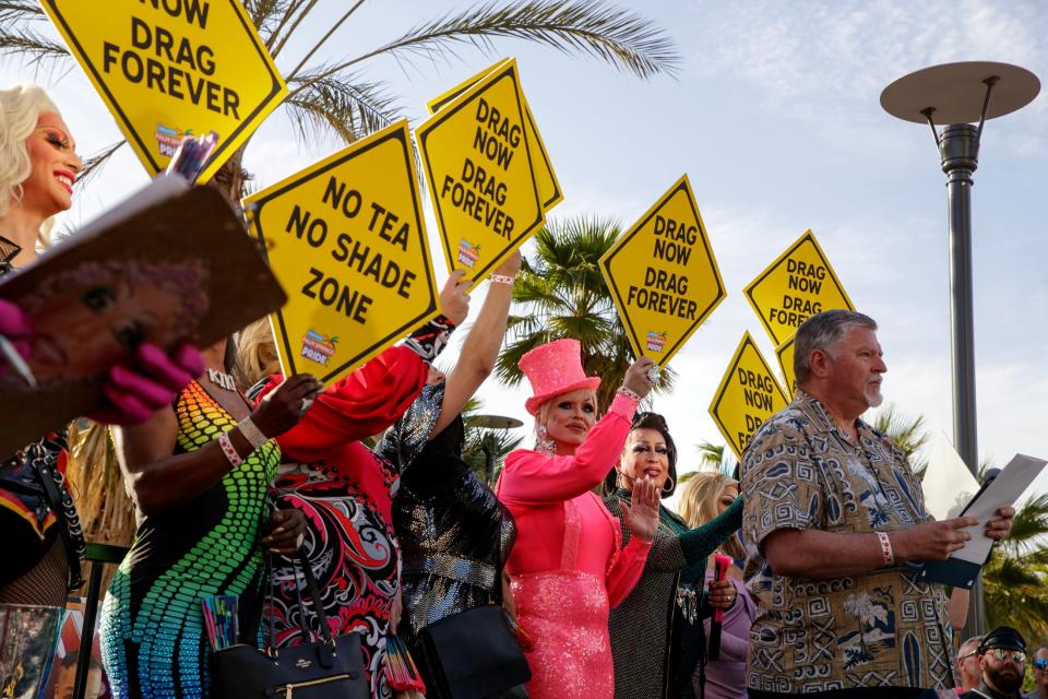 Ron deHarte, right, declares Palm Springs as a Drag Sanctuary City during a rally in April. DeHarte is a Palm Springs City Council member and president of Greater Palm Springs Pride.