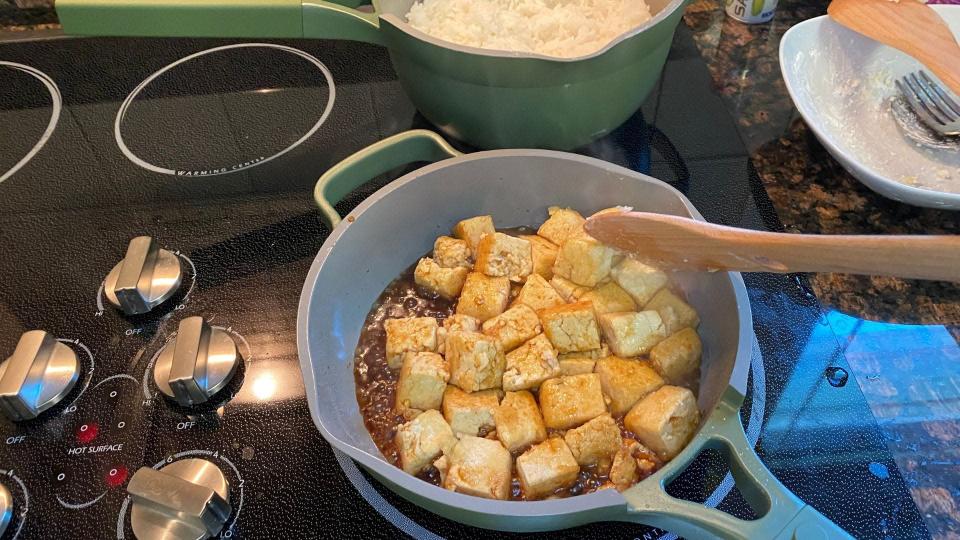 Tossing and flipping pan-fried tofu in the Mini Always Pan wasn't as easy as anticipated.