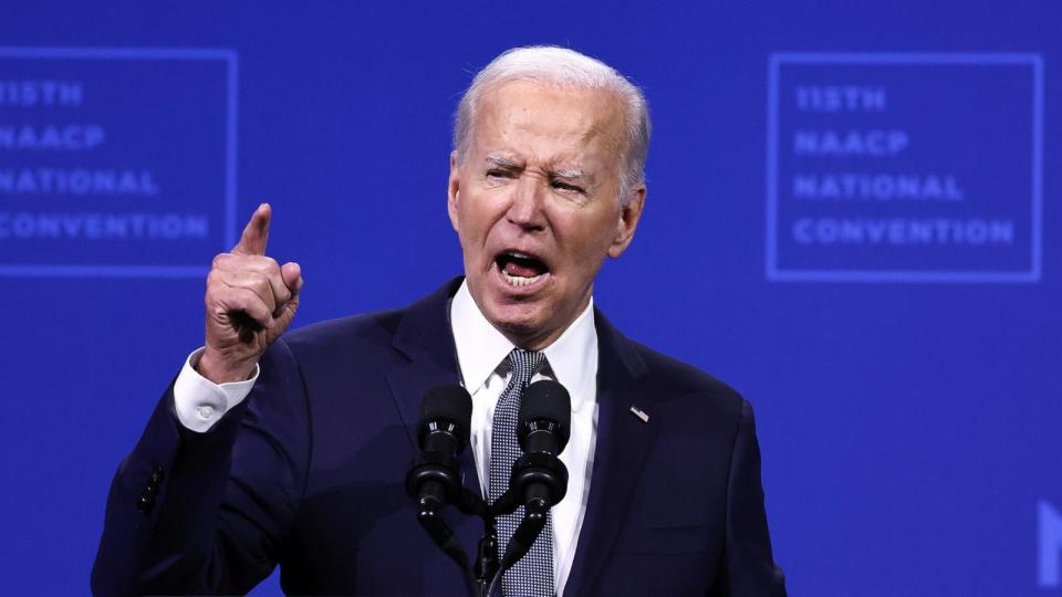 PHOTO: President Joe Biden speaks at the 115th NAACP National Convention at the Mandalay Bay Convention Center, on July 16, 2024, in Las Vegas. (Mario Tama/Getty Images)