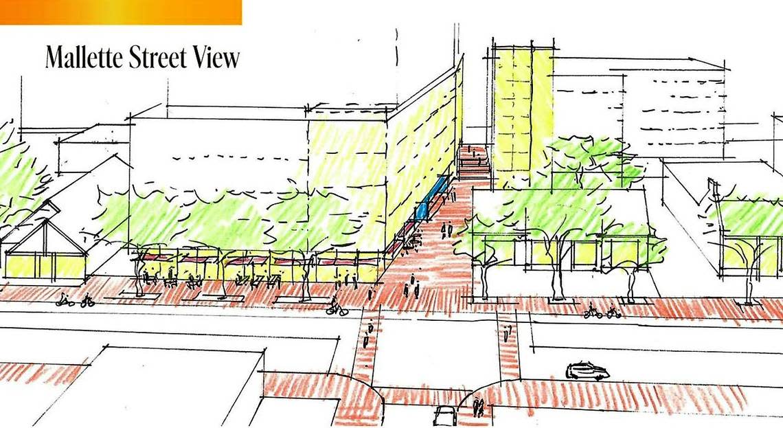 Early plans for a life sciences building in the 300 block of West Franklin Street in downtown Chapel Hill. This view is from Mallette Street and Panera Bread.