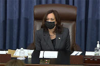 FILE - In this image from Senate TV, Vice President Kamala Harris sits in the chair on the Senate floor to cast the tie-breaking vote, her first, Feb. 5, 2021, at the Capitol in Washington. (Senate TV via AP, File)