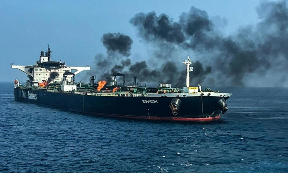 <span>A Greek-owned oil tanker, the Sounion, was attacked by Houthi rebels in the Red Sea in August. Iran has been backing the Houthis in Yemen.</span><span>Photograph: Eunavfor Aspides/AFP/Getty Images</span>